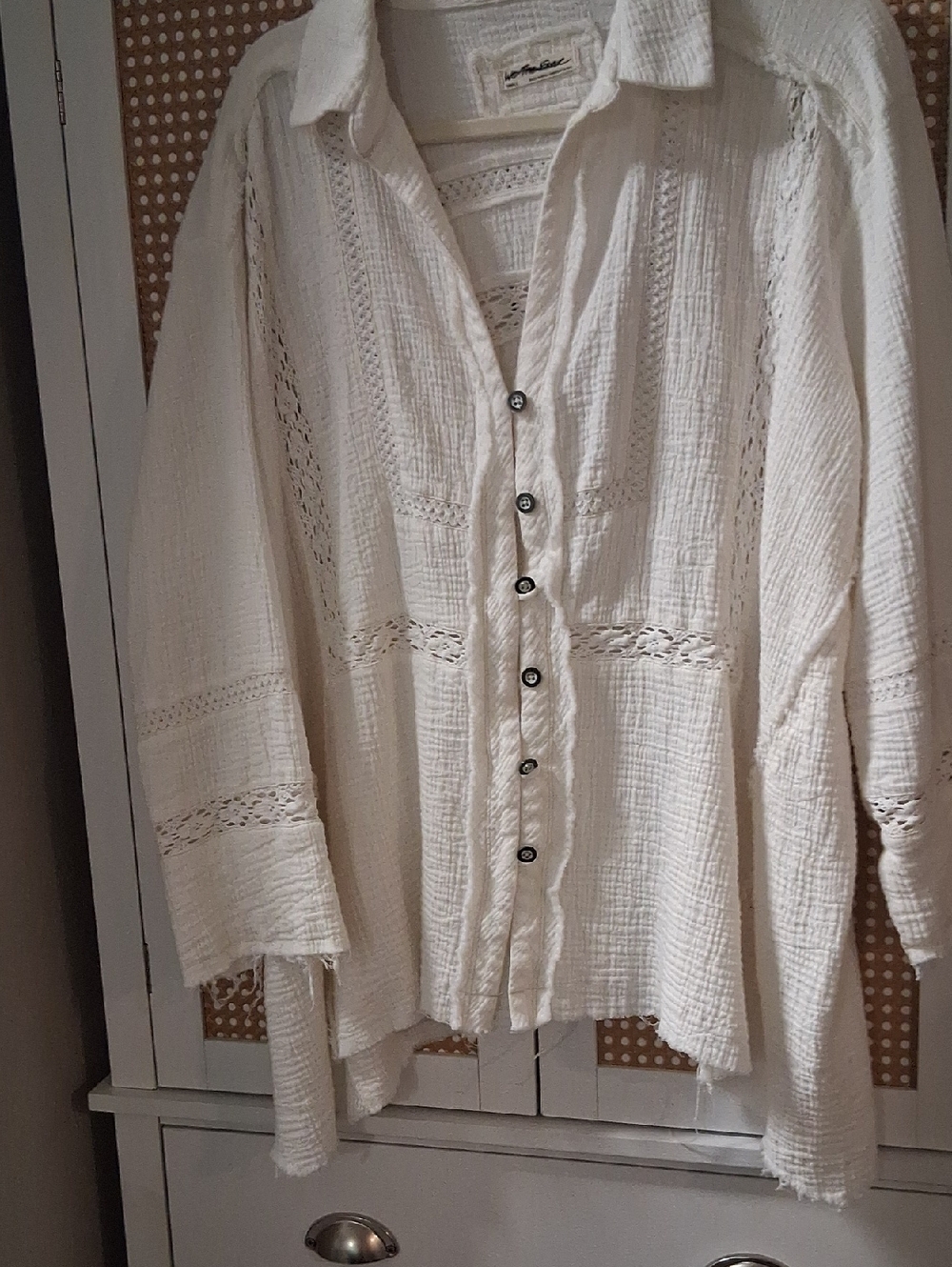 Free People Cream Button-Down Crochet Panel Shirt